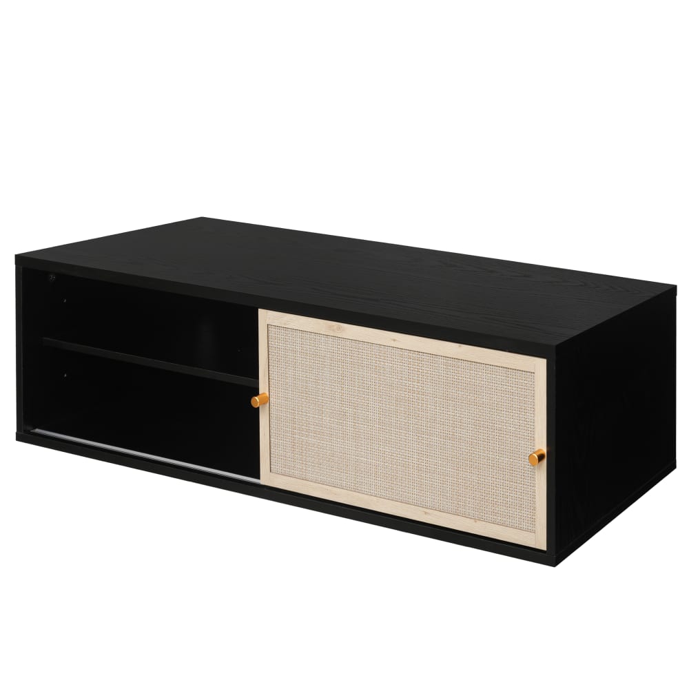 Étagère murale rectangulaire noire, portes coulissantes en rotin