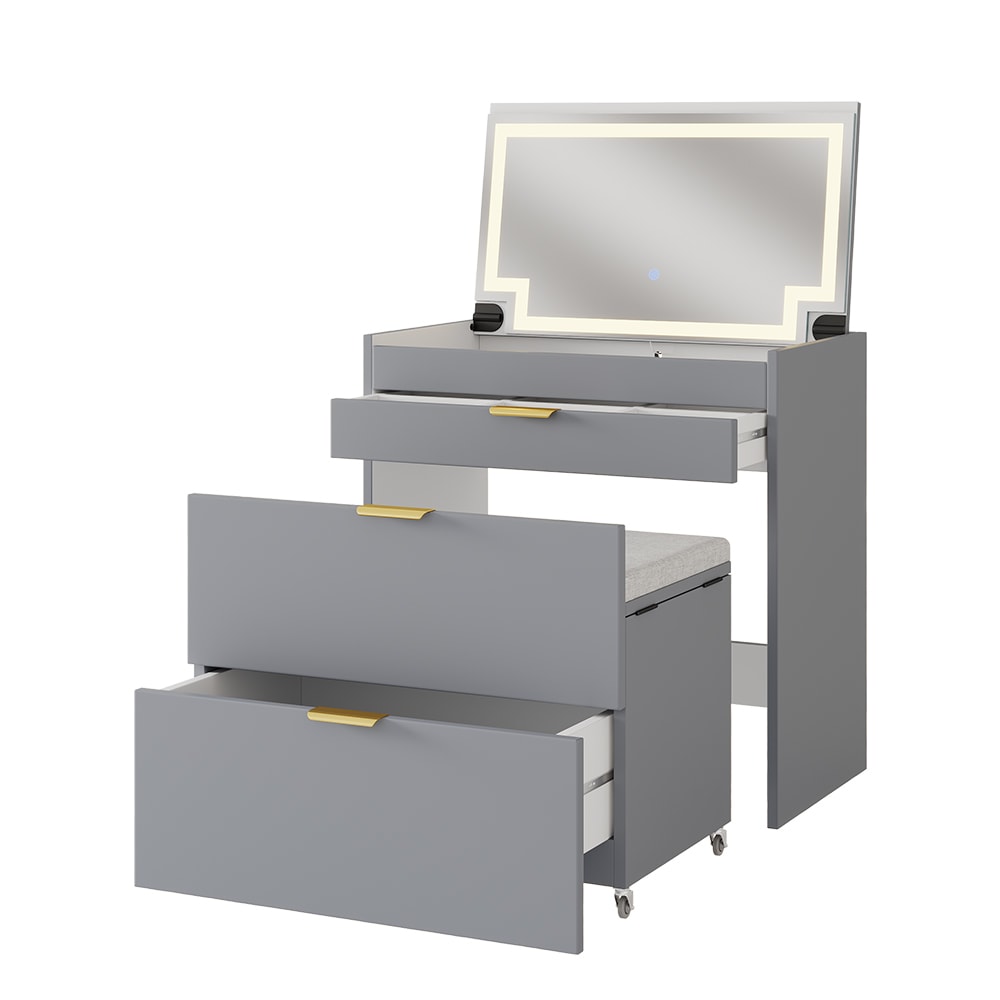 Vicco Schminkkommode mit Bank und LED Spiegel, Grau 80 x 80cm style modern Grau Spanplatte