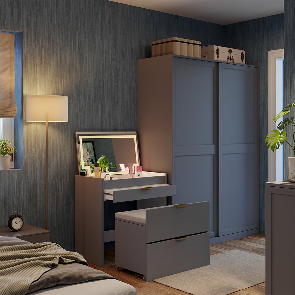 Schminkkommode  mit Bank und LED Spiegel, Grau 80 x 80cm -