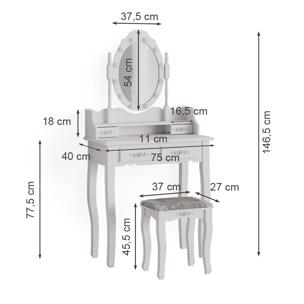 Schminktisch mit LED-Spiegel und Hocker Weiß 75x146.5cm - Maisons