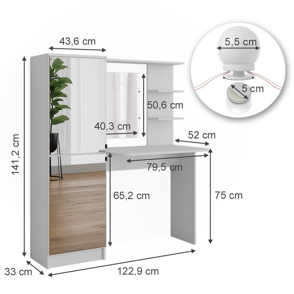 Frisierkommode  mit LED-Beleuchtung, Weiß 123 x 141.2cm - Maisons