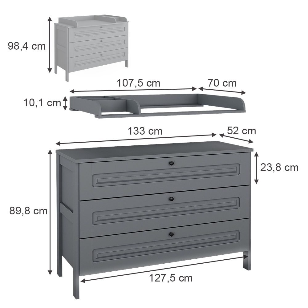 Wickelkommode mit 3 Schubladen, Grau 133 x 98.4cm - Maisons Du