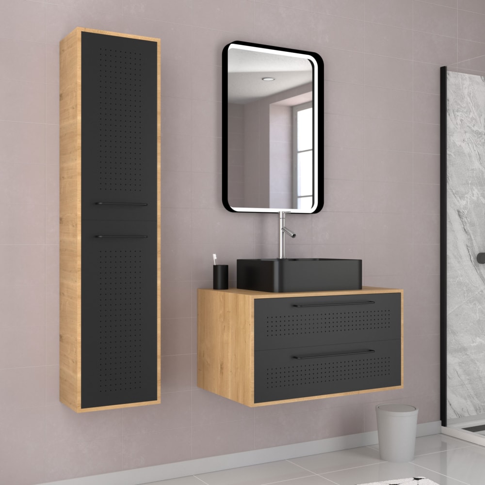 Ensemble meubles de salle de bains effet bois marron avec miroir 53x