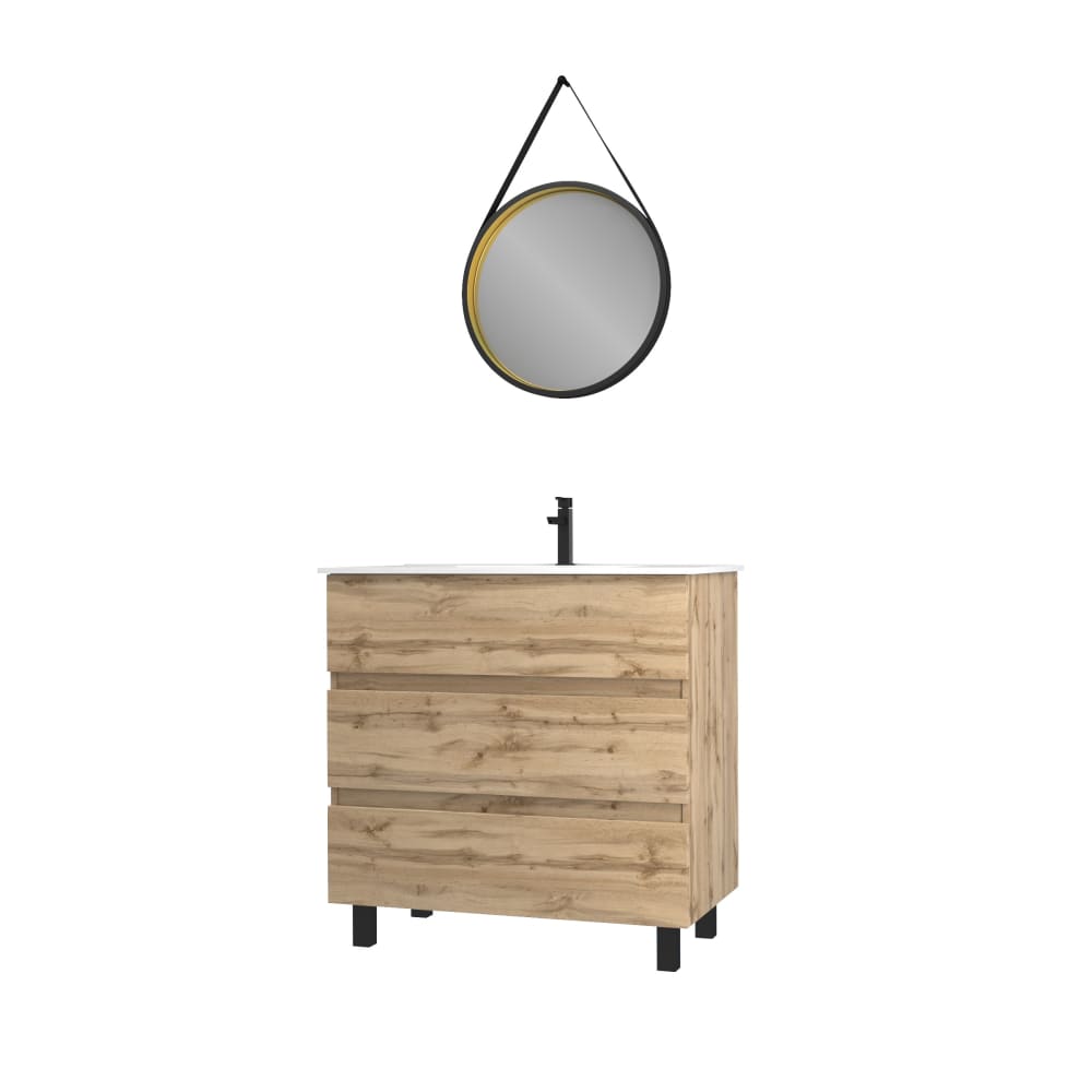 Meuble de salle de bains effet bois marron avec miroir