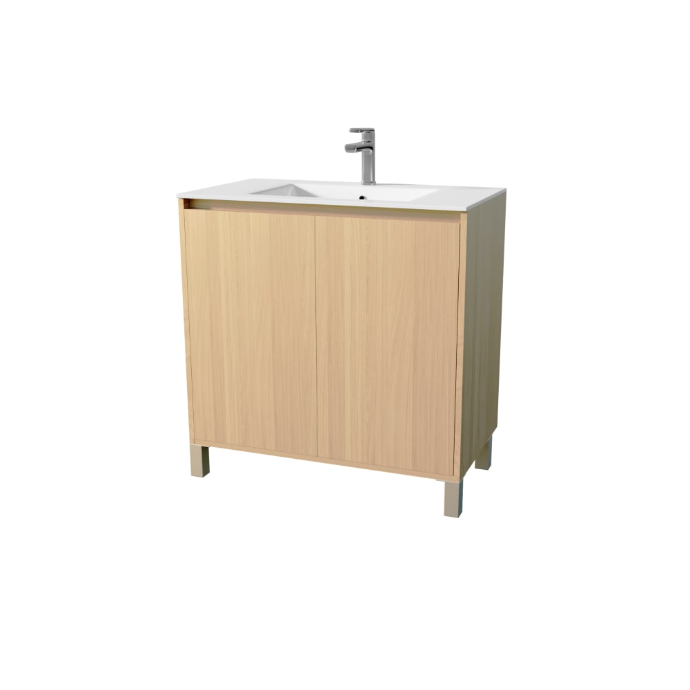 Meuble de salle de bains sur pieds avec 2 portes et vasque bois — Beyit
