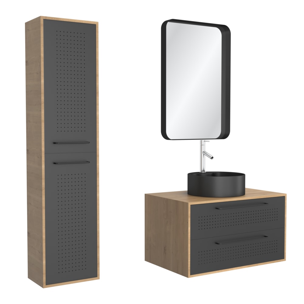 Ensemble meubles de salle de bains effet bois marron avec miroir 53x