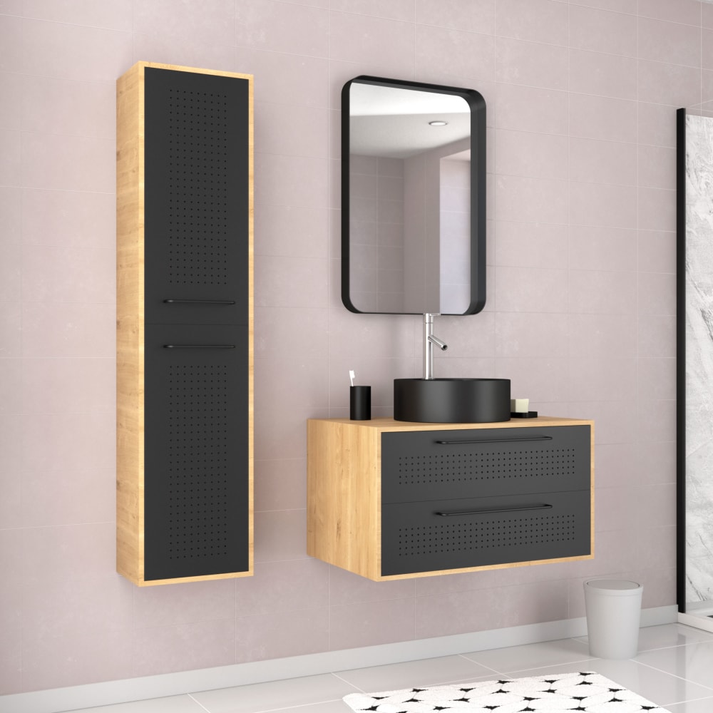 Ensemble meubles de salle de bains effet bois marron avec miroir 53x