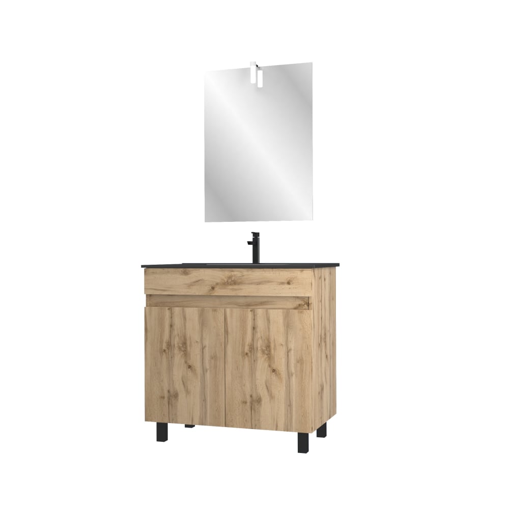 Meuble de salle de bains effet bois marron avec miroir