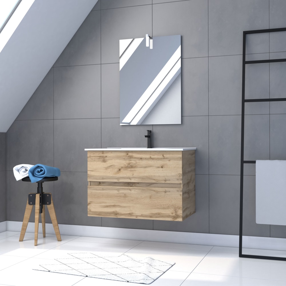 Meuble de salle de bains effet bois marron avec miroir 45x80x54cm