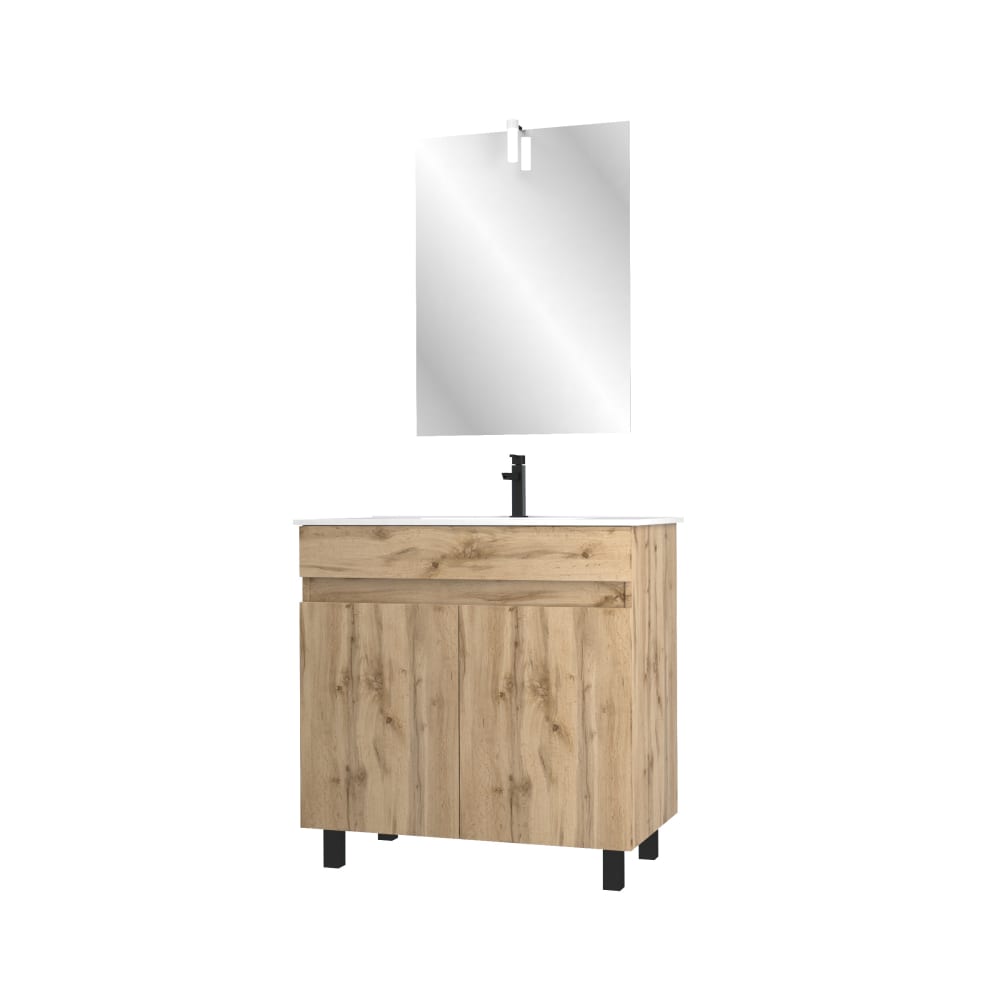 Meuble de salle de bains effet bois marron avec miroir