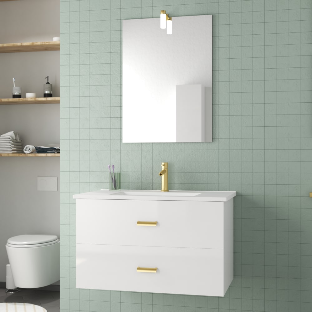 Meuble de salle de bains effet bois blanc avec miroir 46x80x47cm