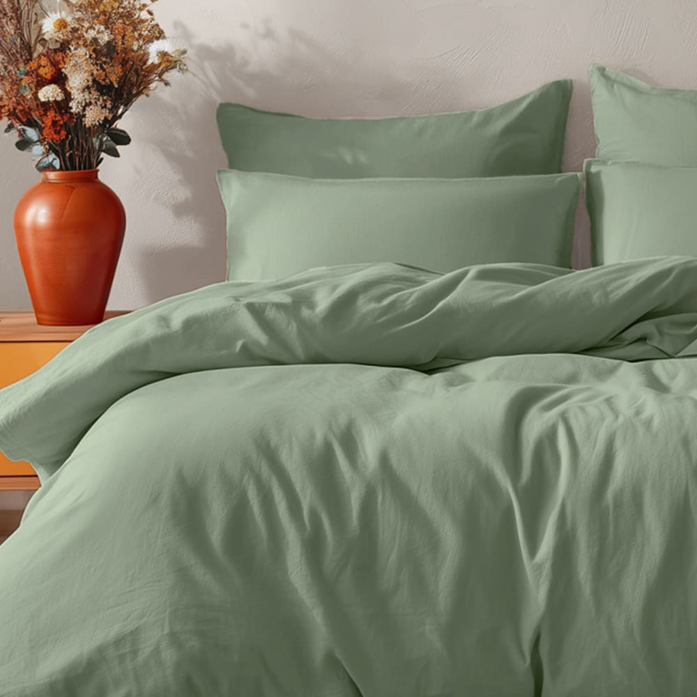 Parure de lit avec 2 taies carrées coton 57 fils Sauge 260x240 cm