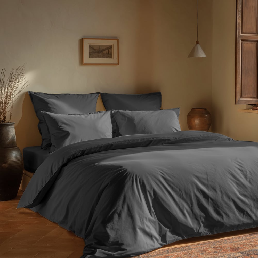Parure de lit avec 2 taies carrées coton bio lavé Carbone 260x240 cm