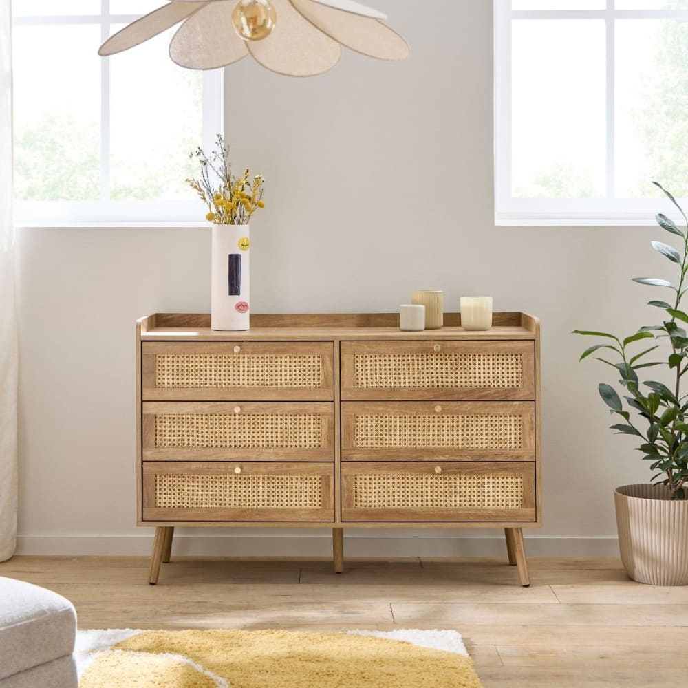 Commode 6 tiroirs avec façades en rotin naturel