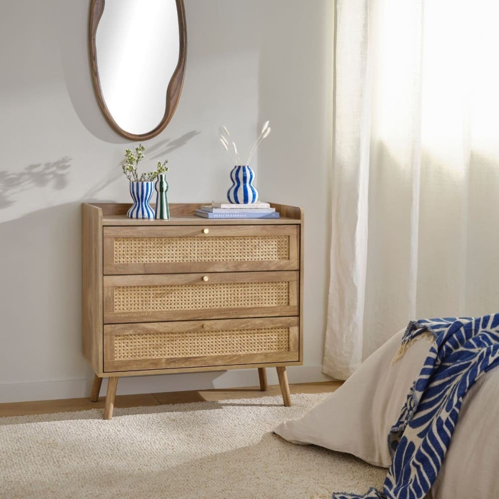 Commode 3 tiroirs avec façades en rotin naturel PALMO