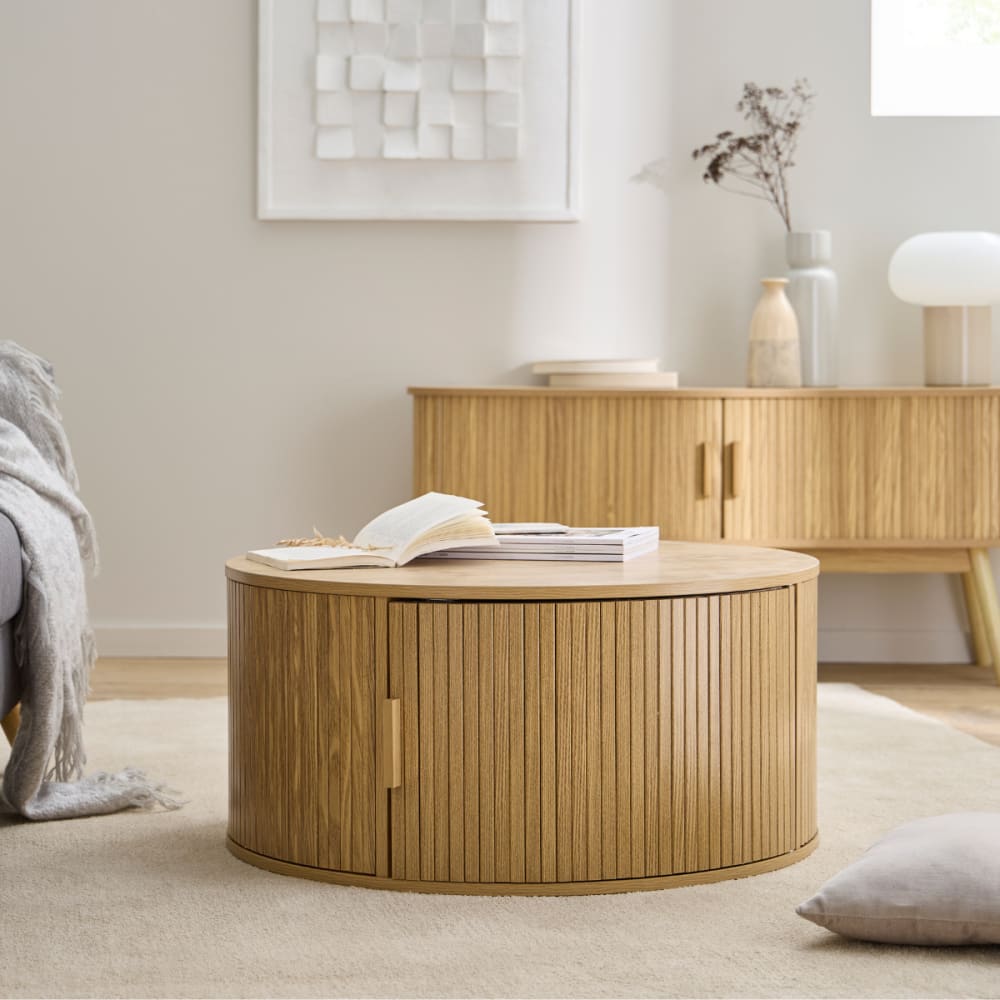 Table basse ronde avec rangement D75 cm - Effet Bois