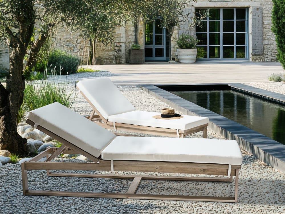 Chaise longue avec coussin bois d'acacia blanc cassé