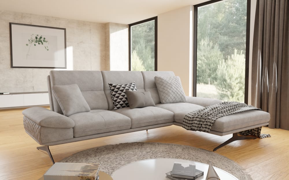 Modernes Ecksofa mit Ottomane aus Samt-Stoff, Grau - Maisons Du