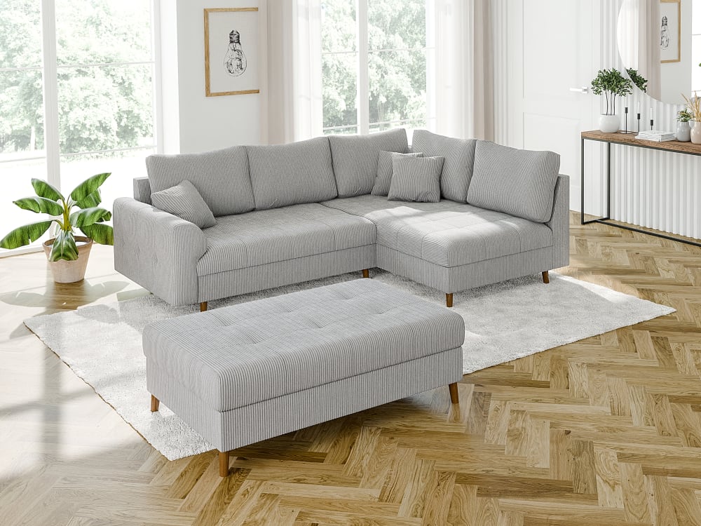 Ecksofa mit Schlaffunktion und Hocker aus Cord-Stoff, Hellgrau -