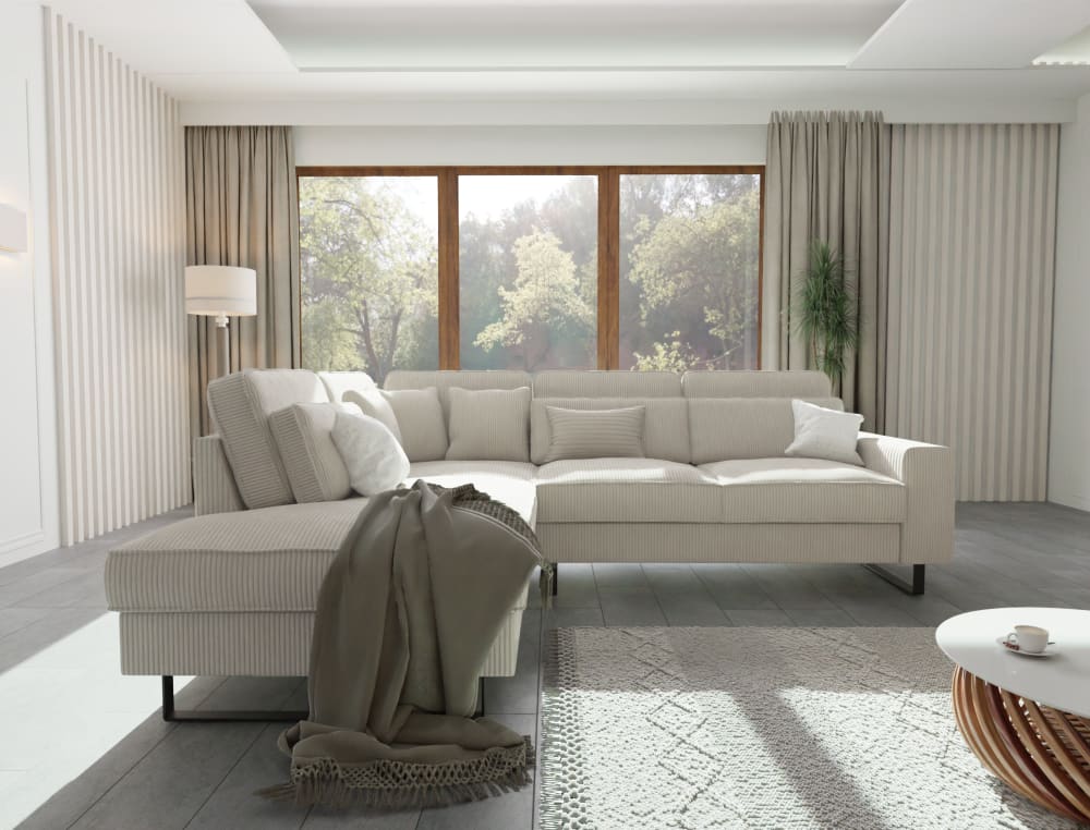 Ecksofa mit schwarzen Metall-Füßen aus Cord-Stoff, Beige -