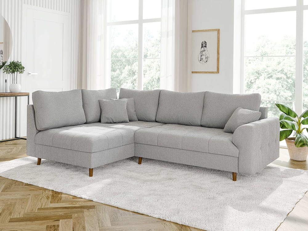 Ecksofa im skandinavischen Stil aus Cord-Stoff, Hellgrau -