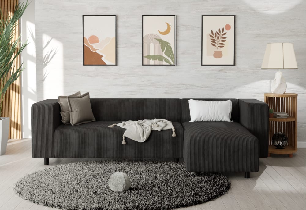 Modernes Ecksofa mit Ottomane aus Cord-Stoff, Schwarz - Maisons