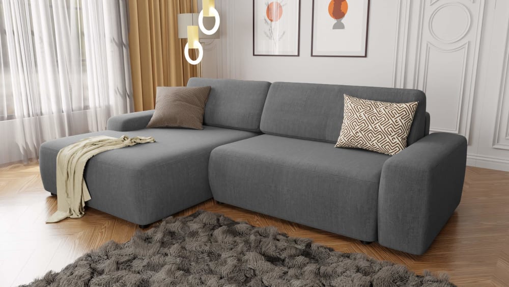 Ecksofa mit Schlaffunktion und Bettkasten aus Samt-Stoff, Grau -
