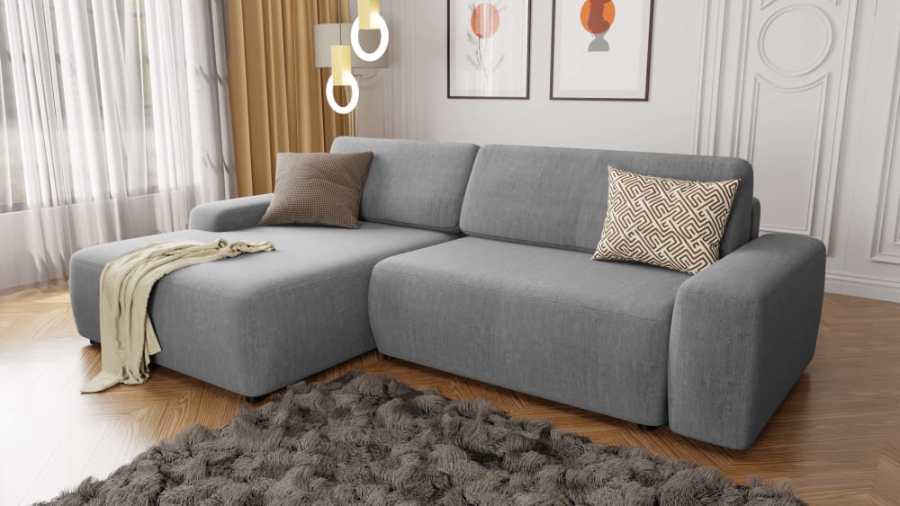 Ecksofa mit Schlaffunktion und Bettkasten aus Samt-Stoff,