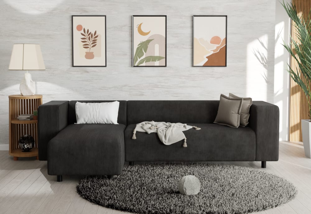 Modernes Ecksofa mit Ottomane aus Cord-Stoff, Schwarz - Maisons