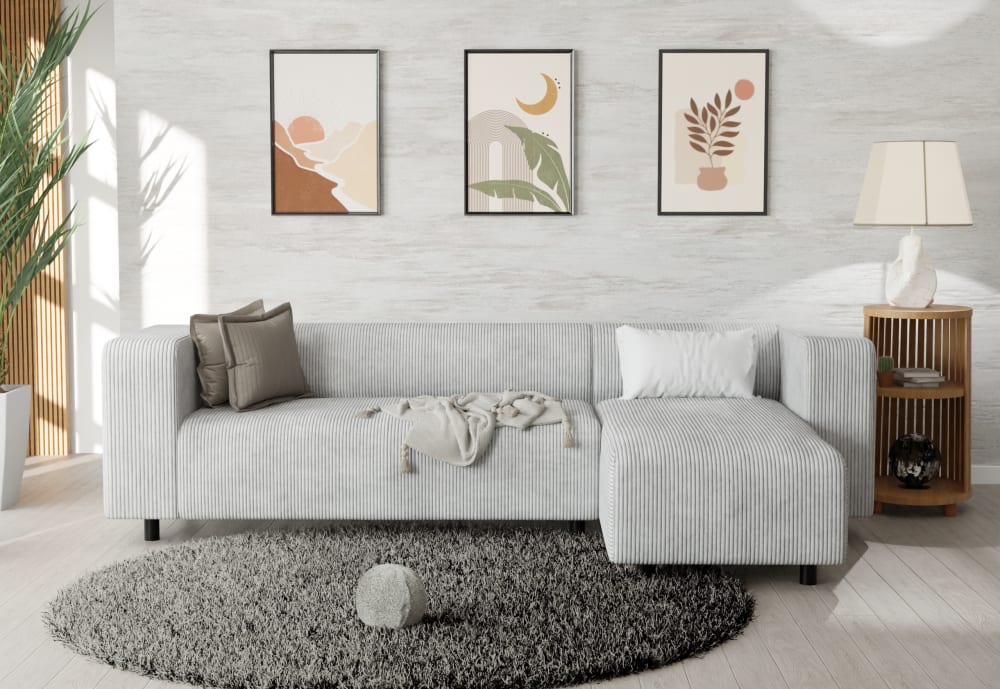 Modernes Ecksofa mit Ottomane aus Cord-Stoff, Hellgrau - Maisons