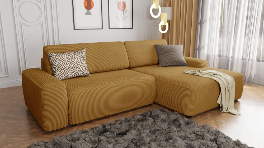 Ecksofa mit Schlaffunktion und Bettkasten in Cord-Stoff, Honig -