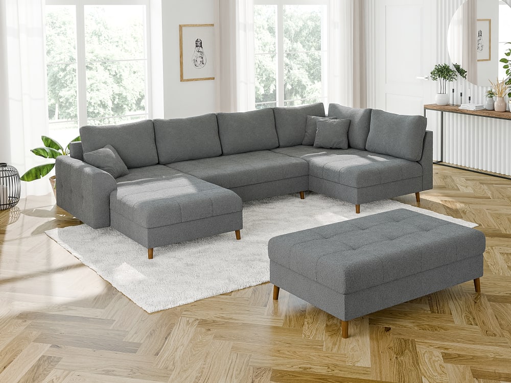 Wohnlandschaft mit Schlaffunktion und Hocker aus Boucle-Stoff,