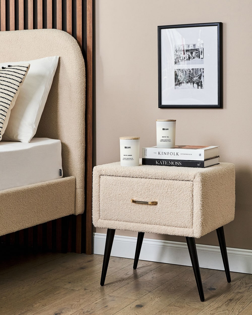 Nachttisch mit 1 Schublade aus Stoff 49cm, beige - Maisons Du