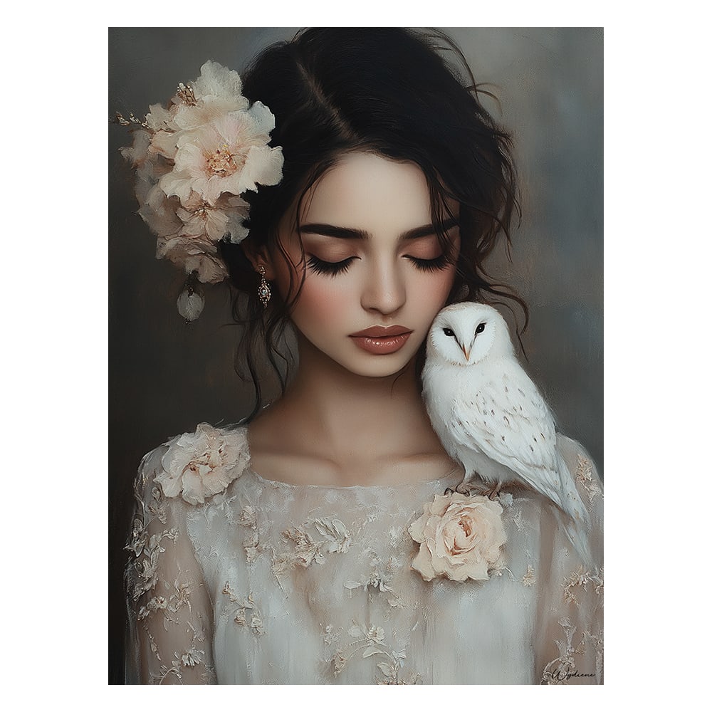 Tableau Femme avec fleurs et oiseau alu dibond 60x80