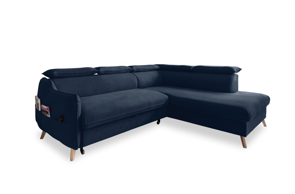 MIUFORM 6-Sitzer Ecksofa mit Bettfunktion aus Samt, Ecke rechts, Marineblau style modern - Stoff
