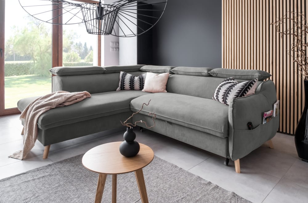6-Sitzer Ecksofa mit Bettfunktion aus Samt, Ecke links, Hellgrau