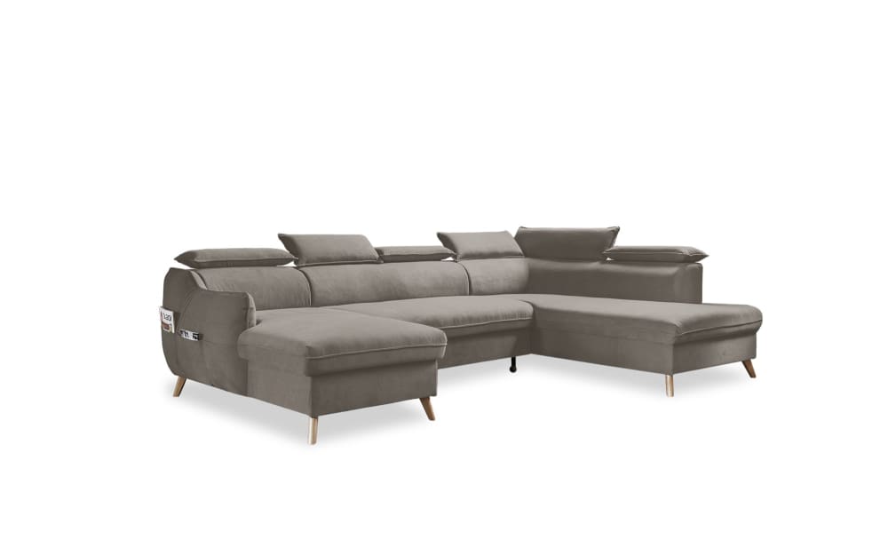 MIUFORM 8-Sitzer Ecksofa mit Bettfunktion aus Samt, Ecke rechts, Dunkelbeige style modern - Stoff