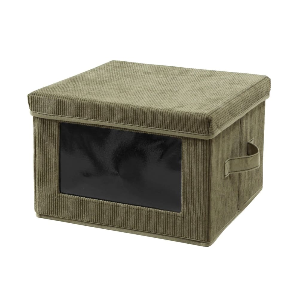 Boîte rangement tissu velours côtelé kaki avec fenêtre l30 cm