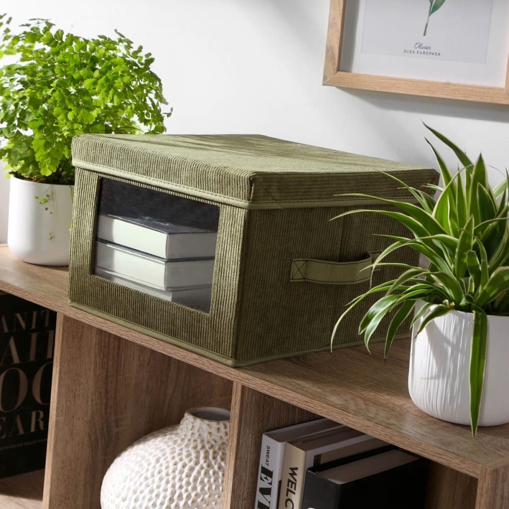 Boîte rangement tissu velours côtelé kaki avec fenêtre l30 cm — vue 3