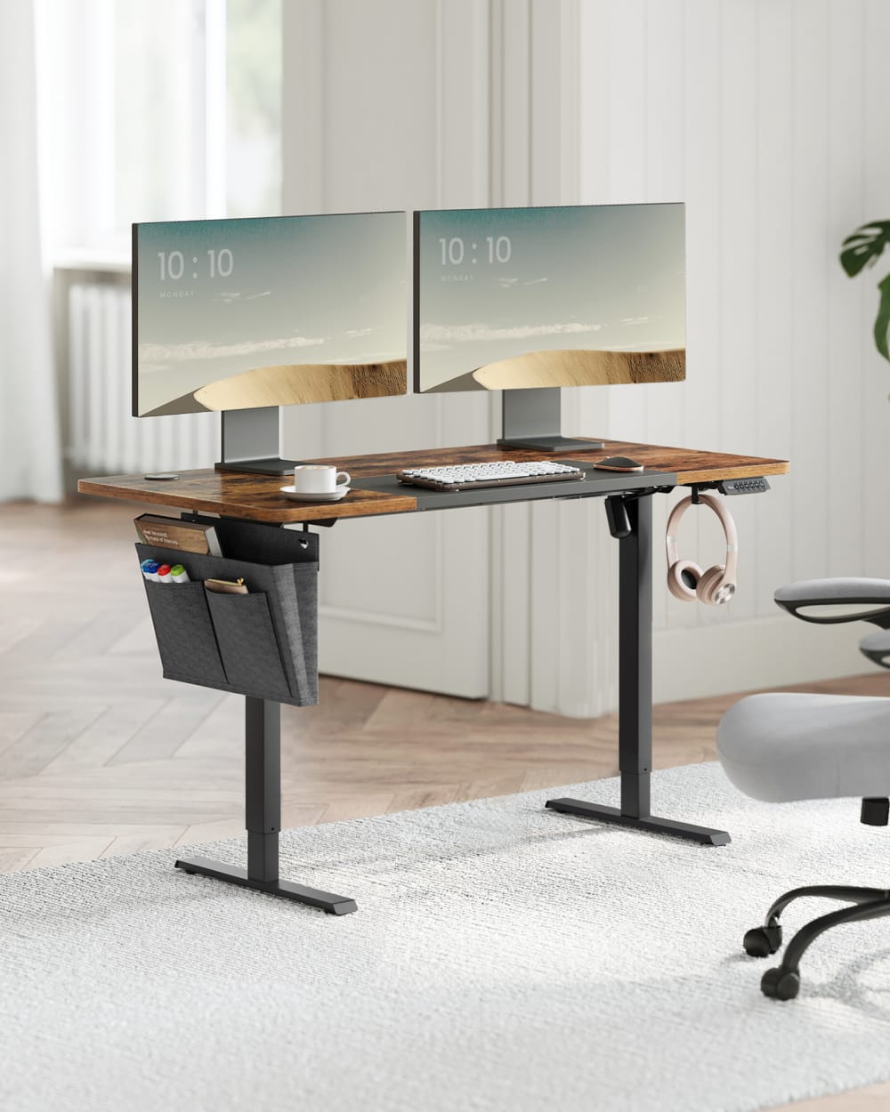 Bureau assis debout électrique effet bois acier marron rustique