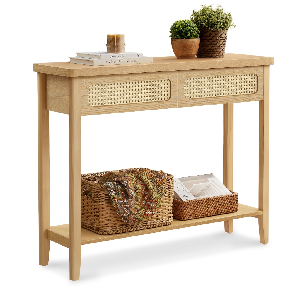 VASAGLE Table d'entrée avec 2 tiroirs étagère ouverte coins arrondis beige style inspirations d'ailleurs Beige Bois - 100x80x30cm