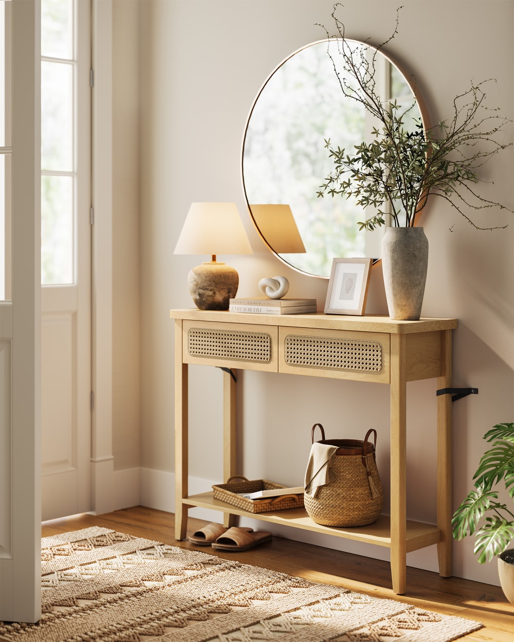 Console avec 2 tiroirs étagère ouverte beige