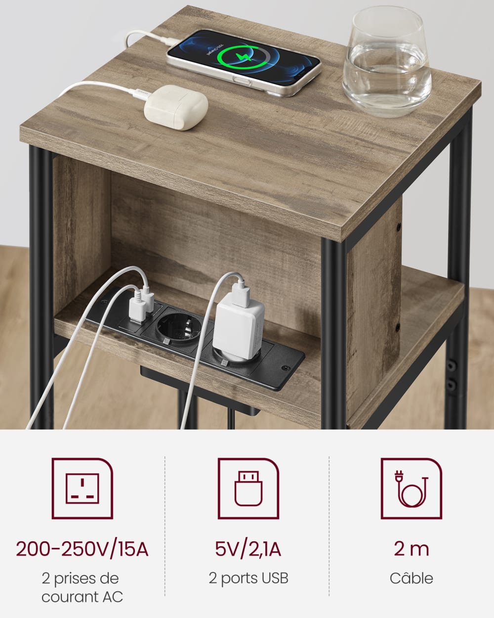 Table d'appoint avec prise 34 x 30 x 58 cm marron camel et noir - Maisons du Monde