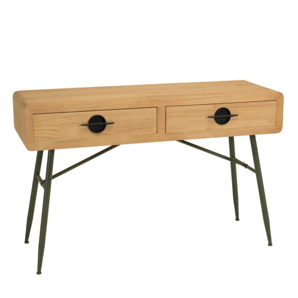 Console 2 tiroirs en pin couleur naturelle et pieds métal vert - Maisons du Monde