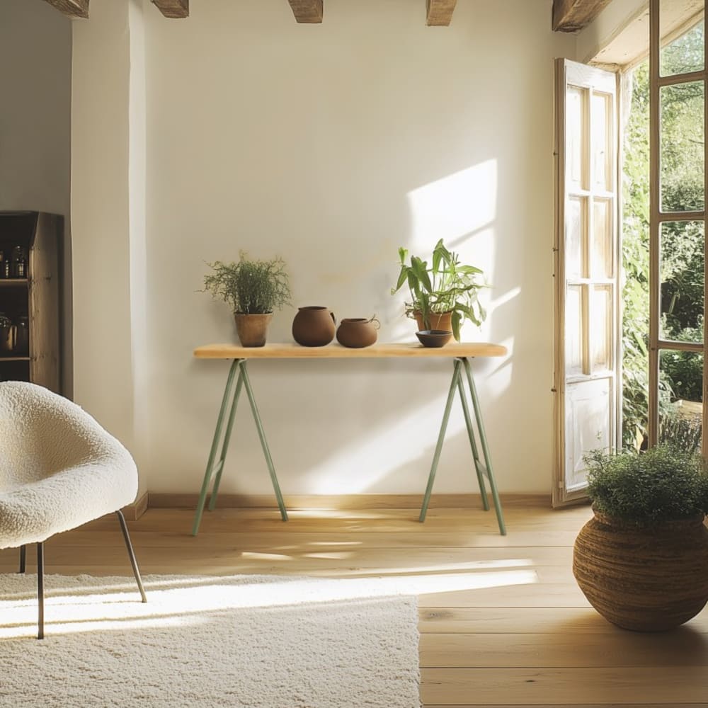 Console plateau en pin et pieds tréteaux en métal vert