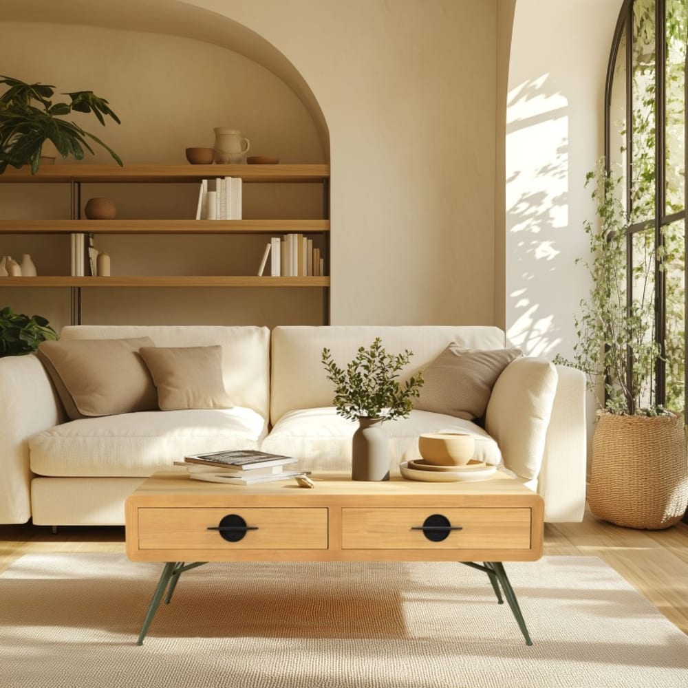 MACABANE Couchtisch 2 Schubladen Kiefer style classic chic Braun Holz