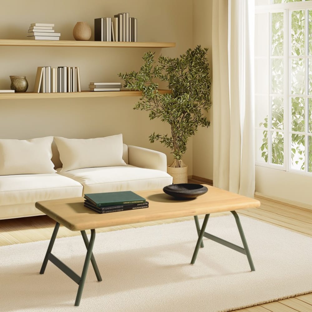 Table basse plateau en pin et pieds tréteaux en métal vert