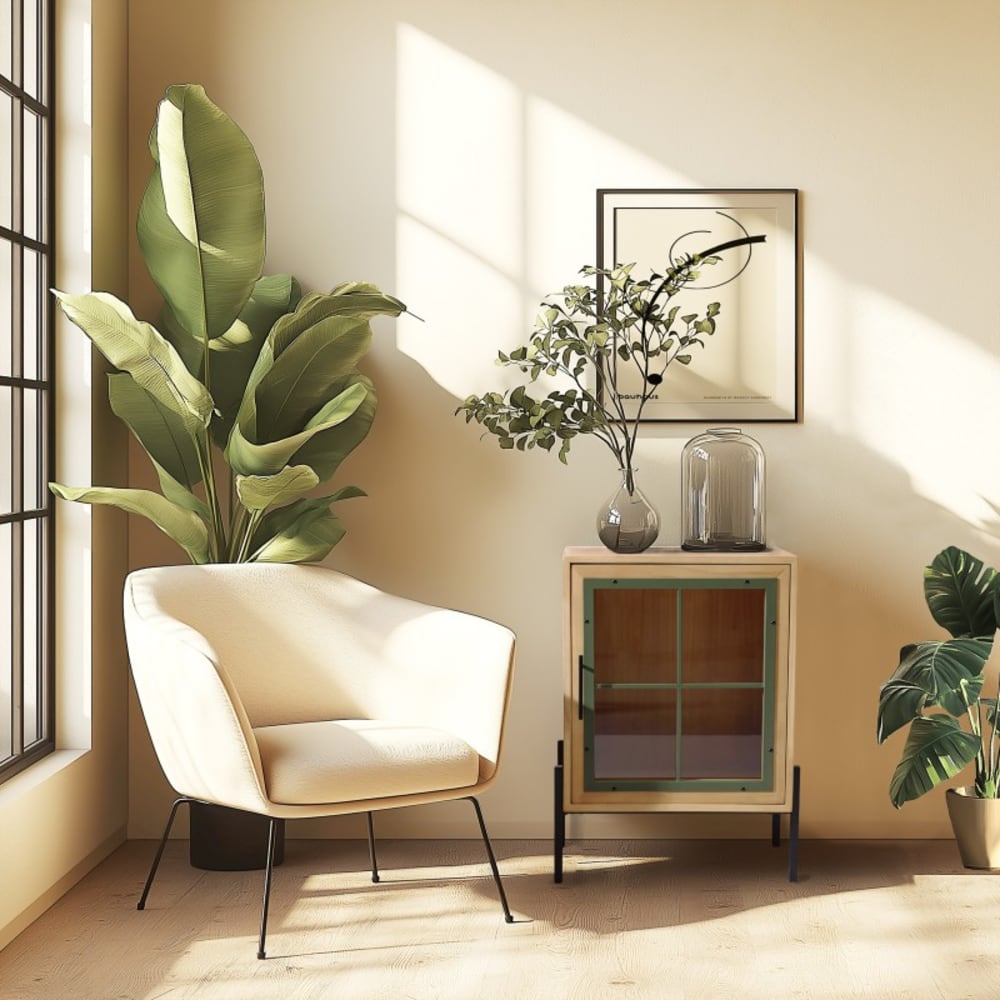 Buffet 1 porte vitrée encadrement vert pin