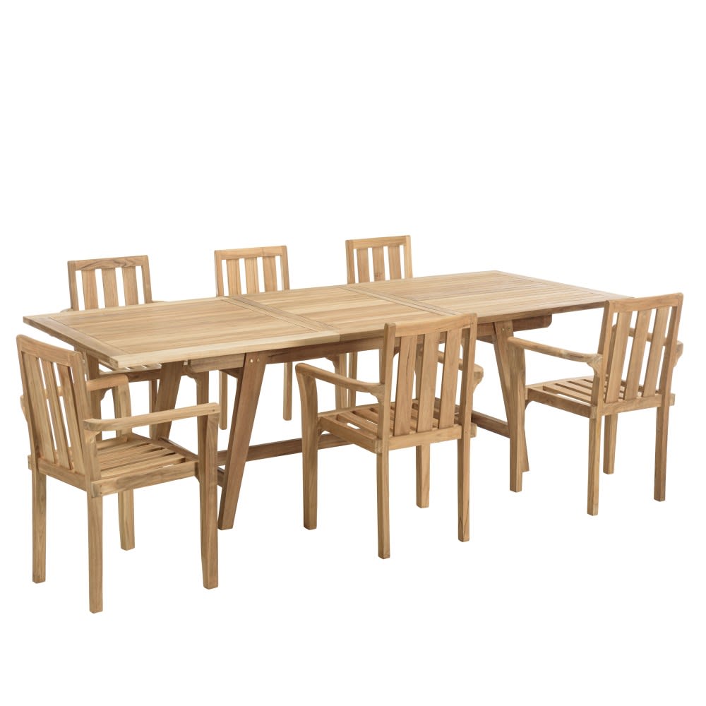 Table de jardin et fauteuils empilables en teck 8/10 personnes