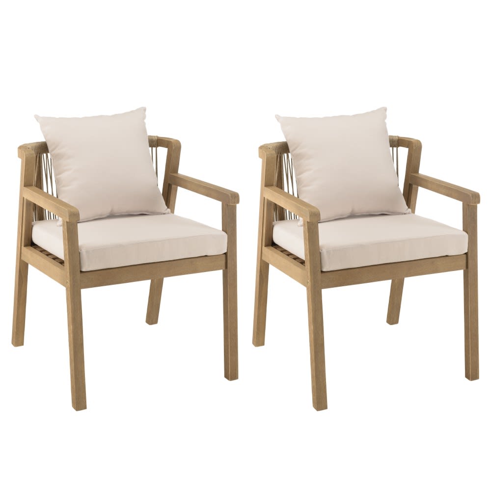 Lot de 2 fauteuils acacia et cordage synthétique beige coussins gris